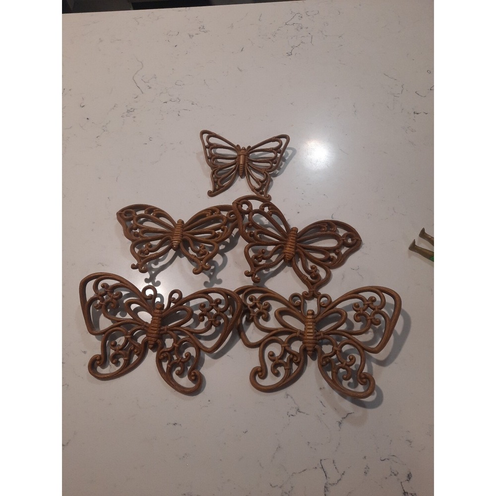 Vintage HOMCO Set of 5 Faux Wood Rattan Butterflies Wall Art Boho Cottage Decor